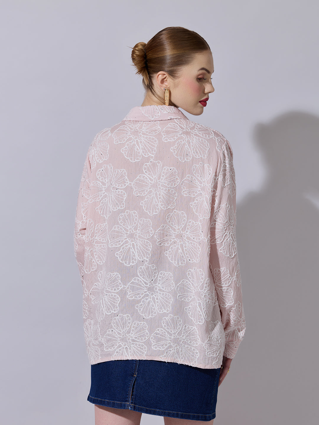 Women's Textured Pink Embellished Shirt