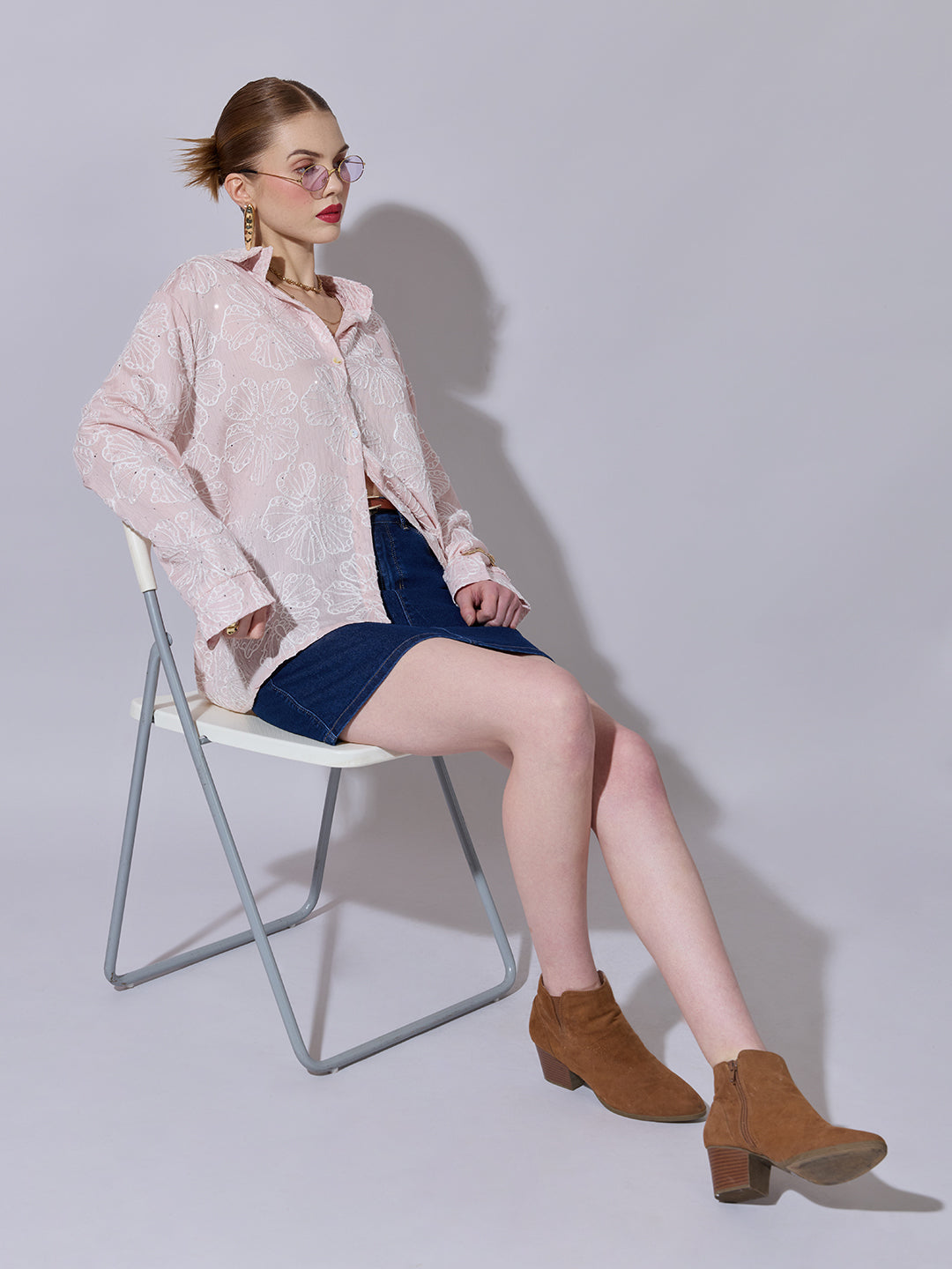 Women's Textured Pink Embellished Shirt