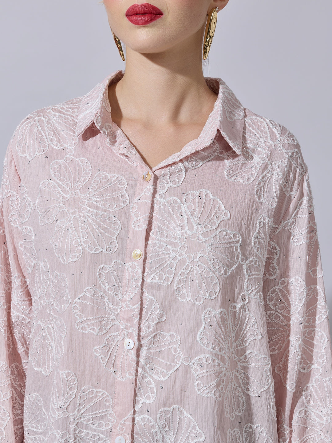 Women's Textured Pink Embellished Shirt