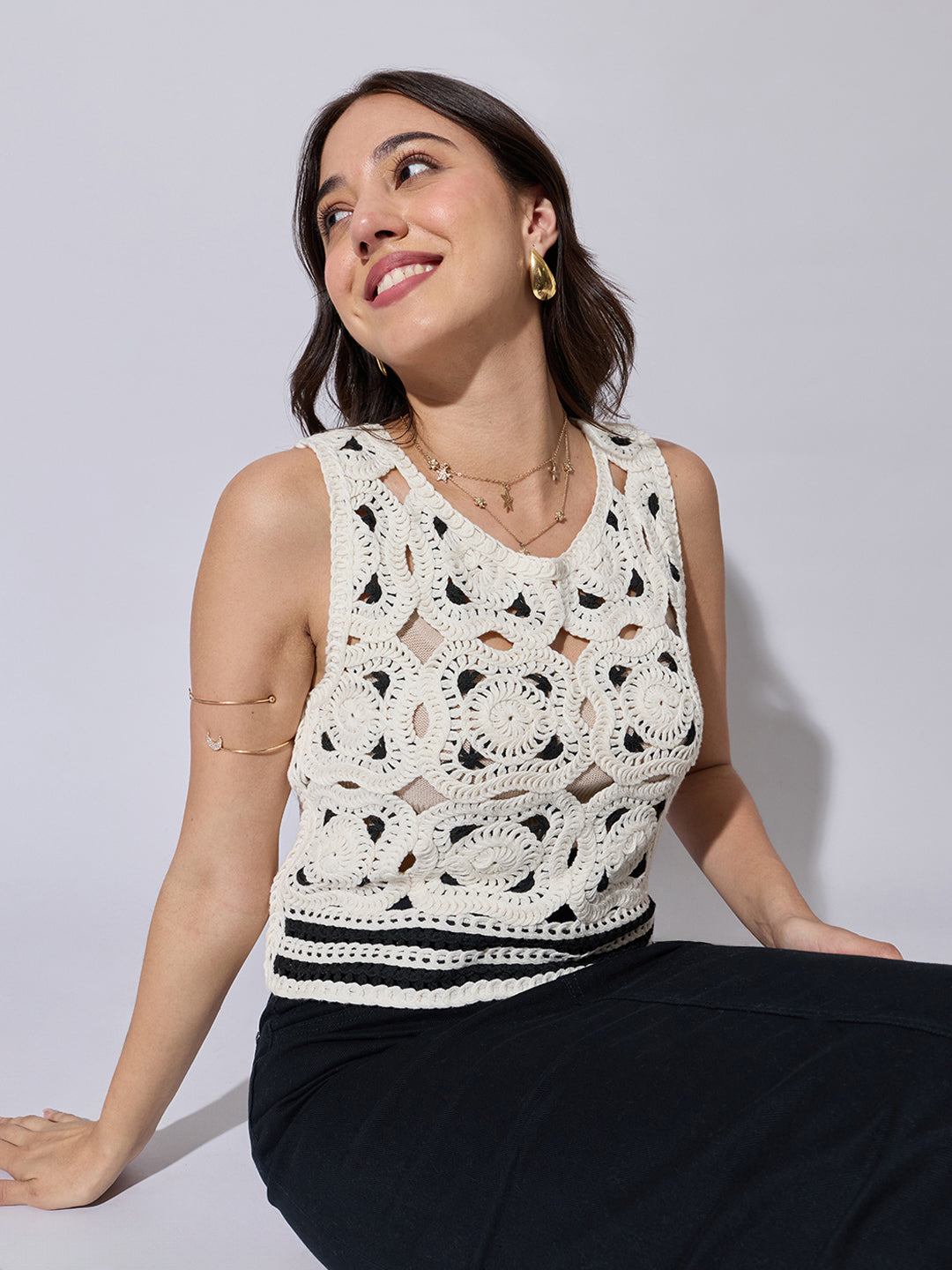 Women's Textured White Crochet Sleeveless Top