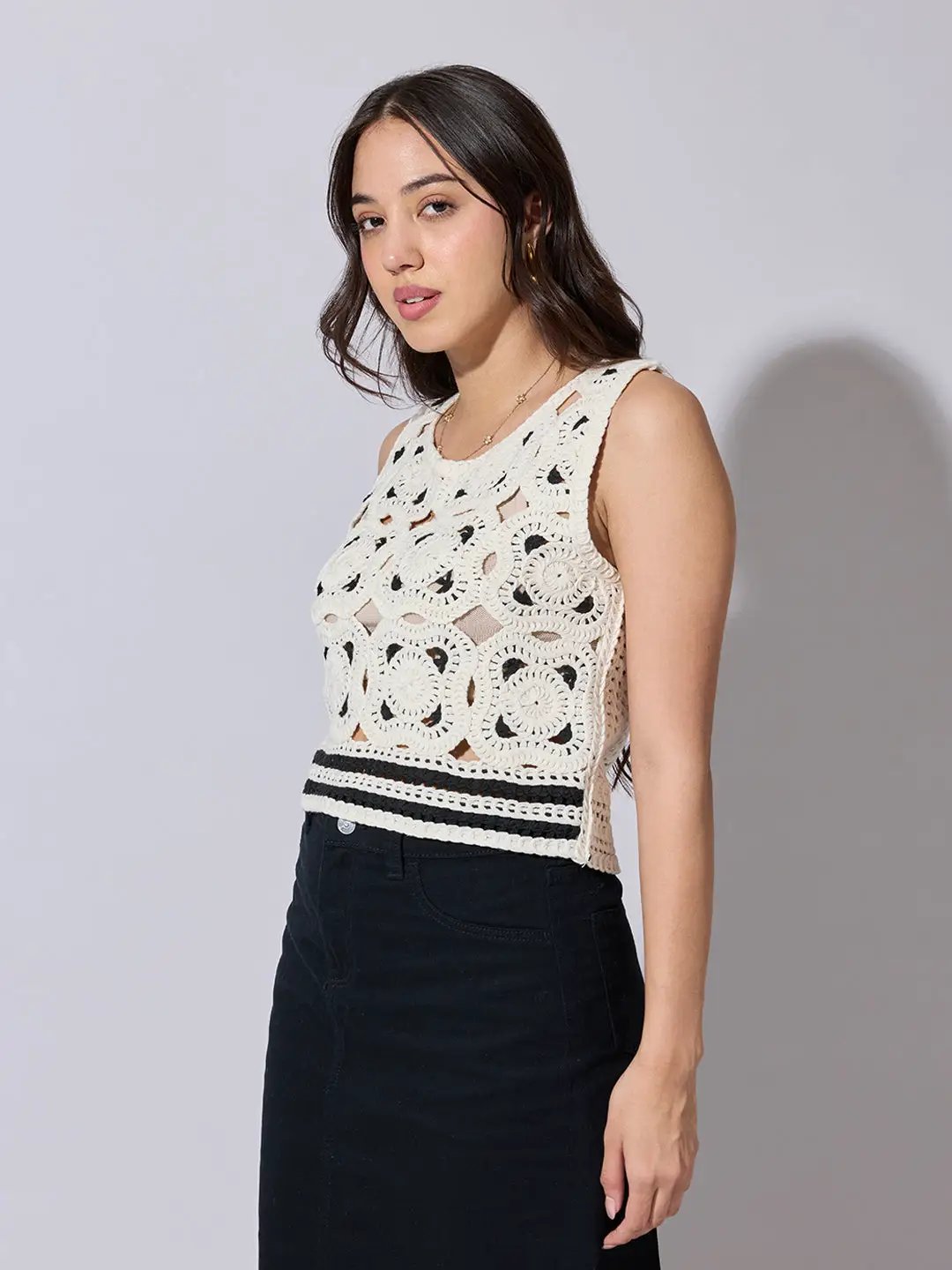 Women's Textured White Crochet Sleeveless Top - from SHOWOFFFF