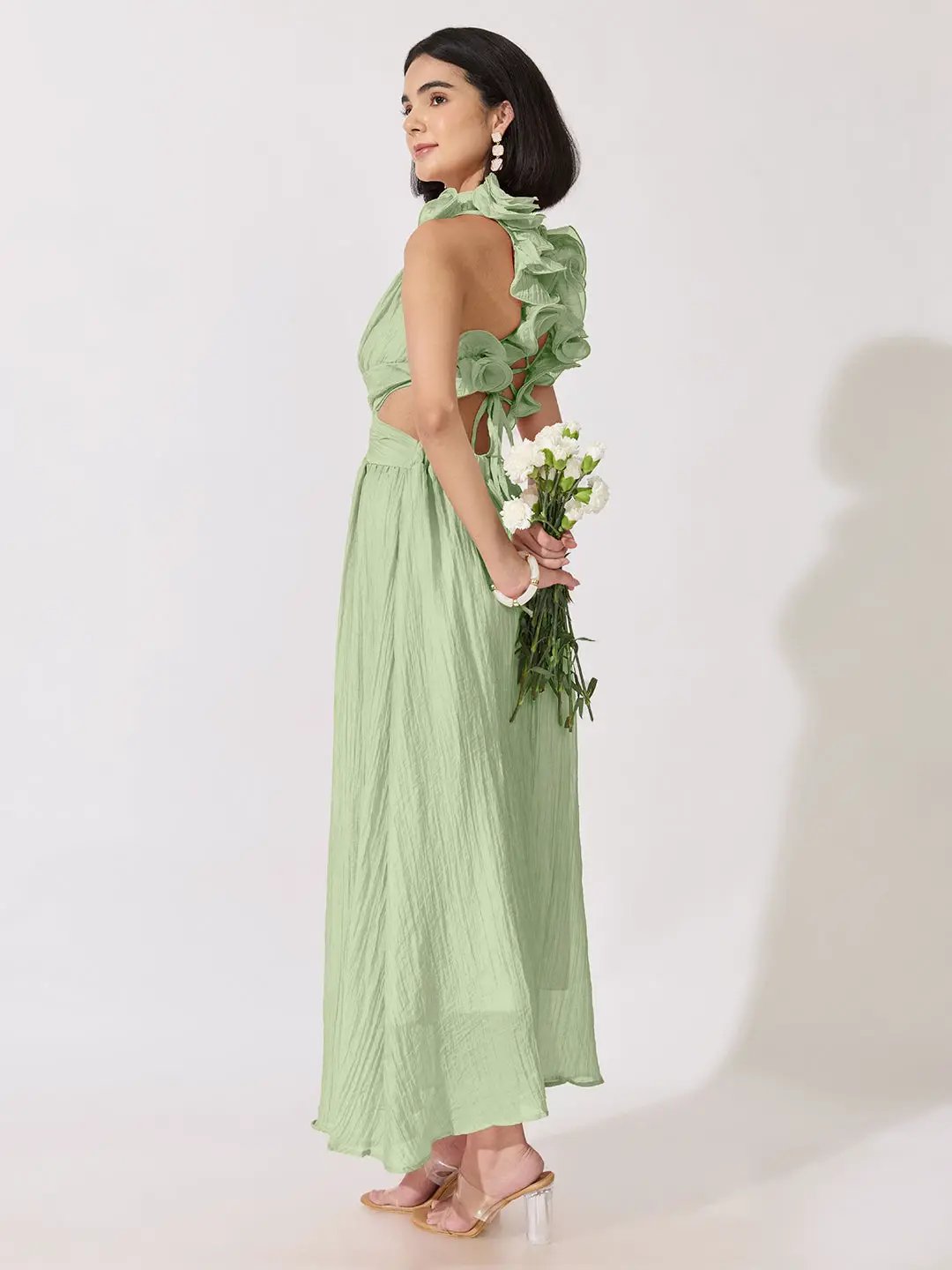 Women's Green Cut-Out Waist Maxi Dress with Ruffled Backless Detail - from SHOWOFFFF