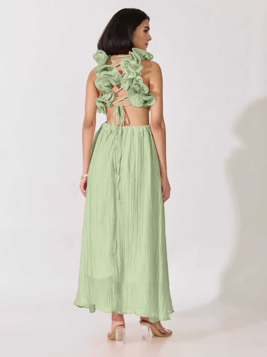 Women's Green Cut-Out Waist Maxi Dress with Ruffled Backless Detail - from SHOWOFFFF
