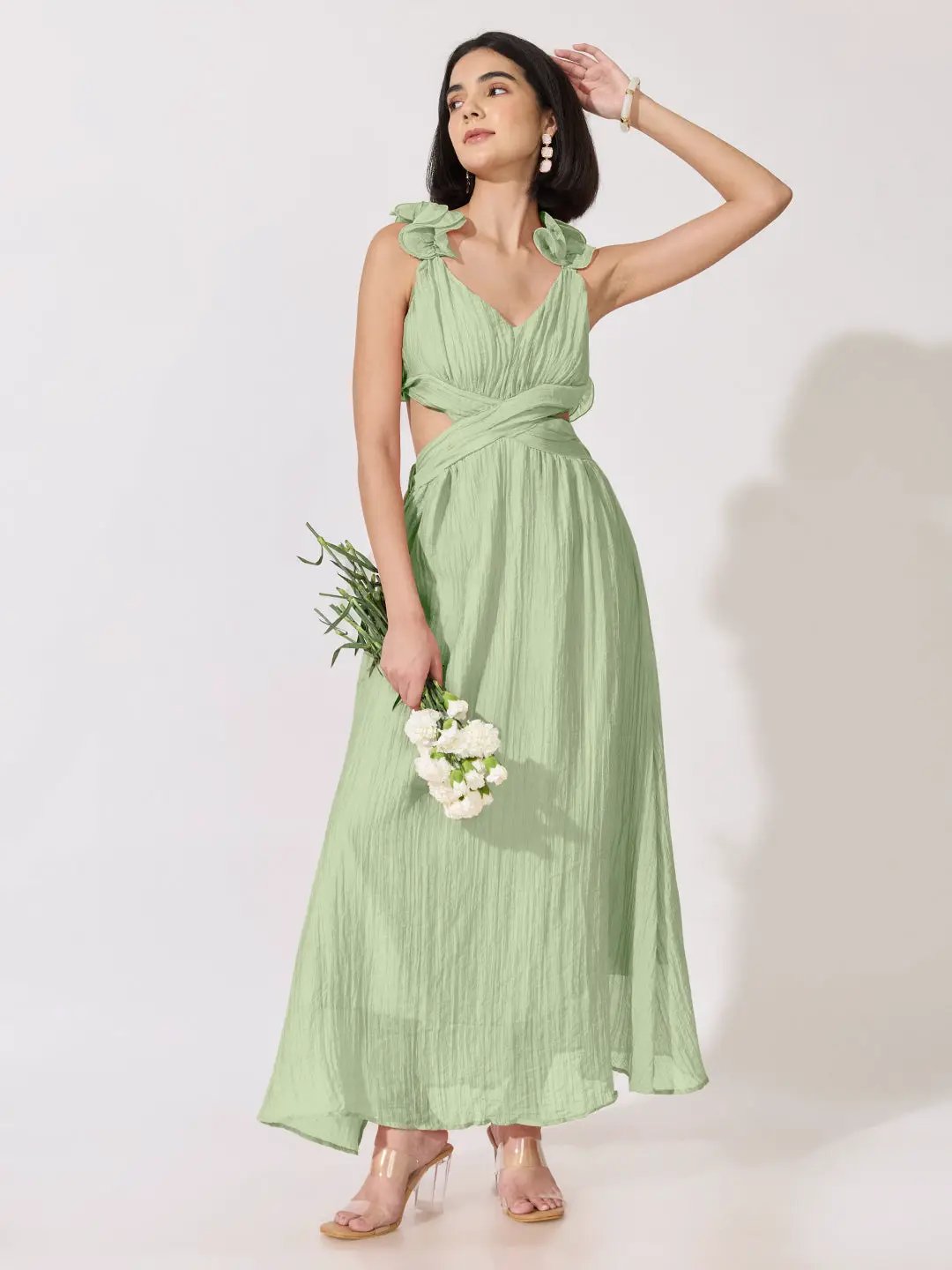 Women's Green Cut-Out Waist Maxi Dress with Ruffled Backless Detail - from SHOWOFFFF