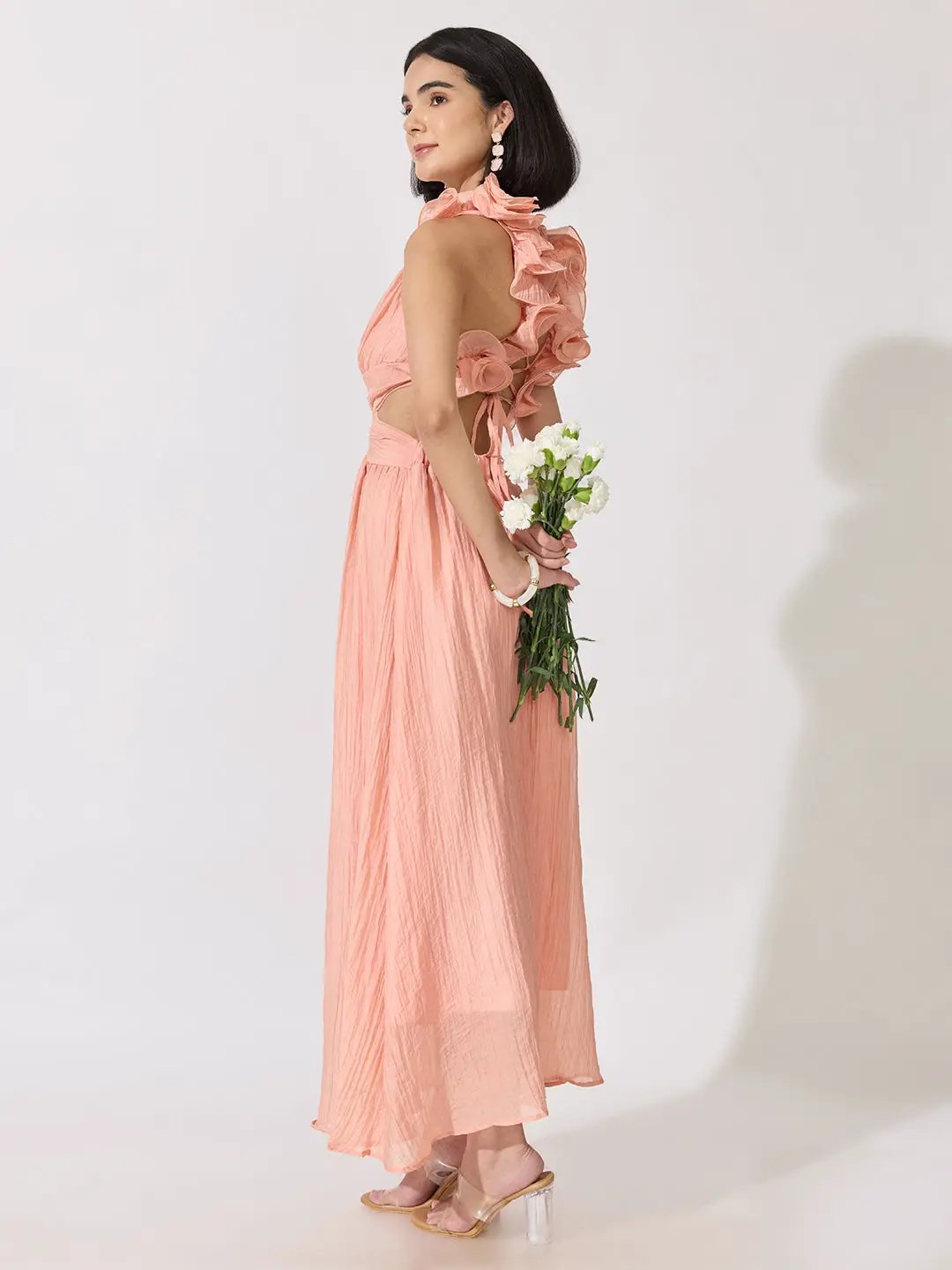 Women's Pink Cut-Out Waist Maxi Dress with Ruffled Backless Detail