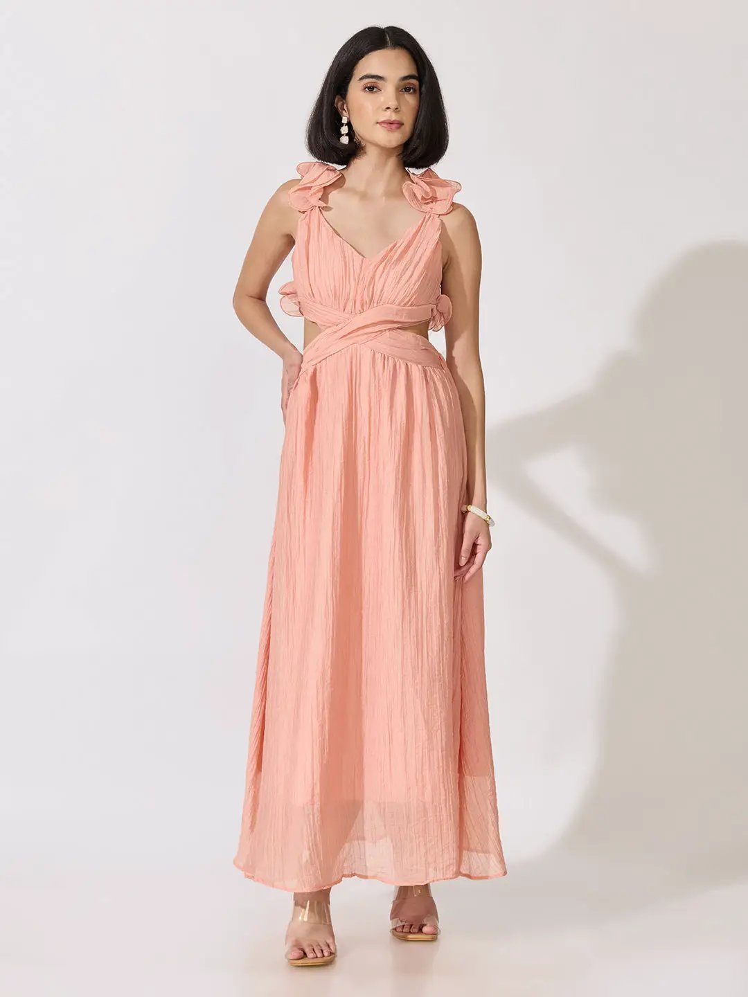 Women's Pink Cut-Out Waist Maxi Dress with Ruffled Backless Detail