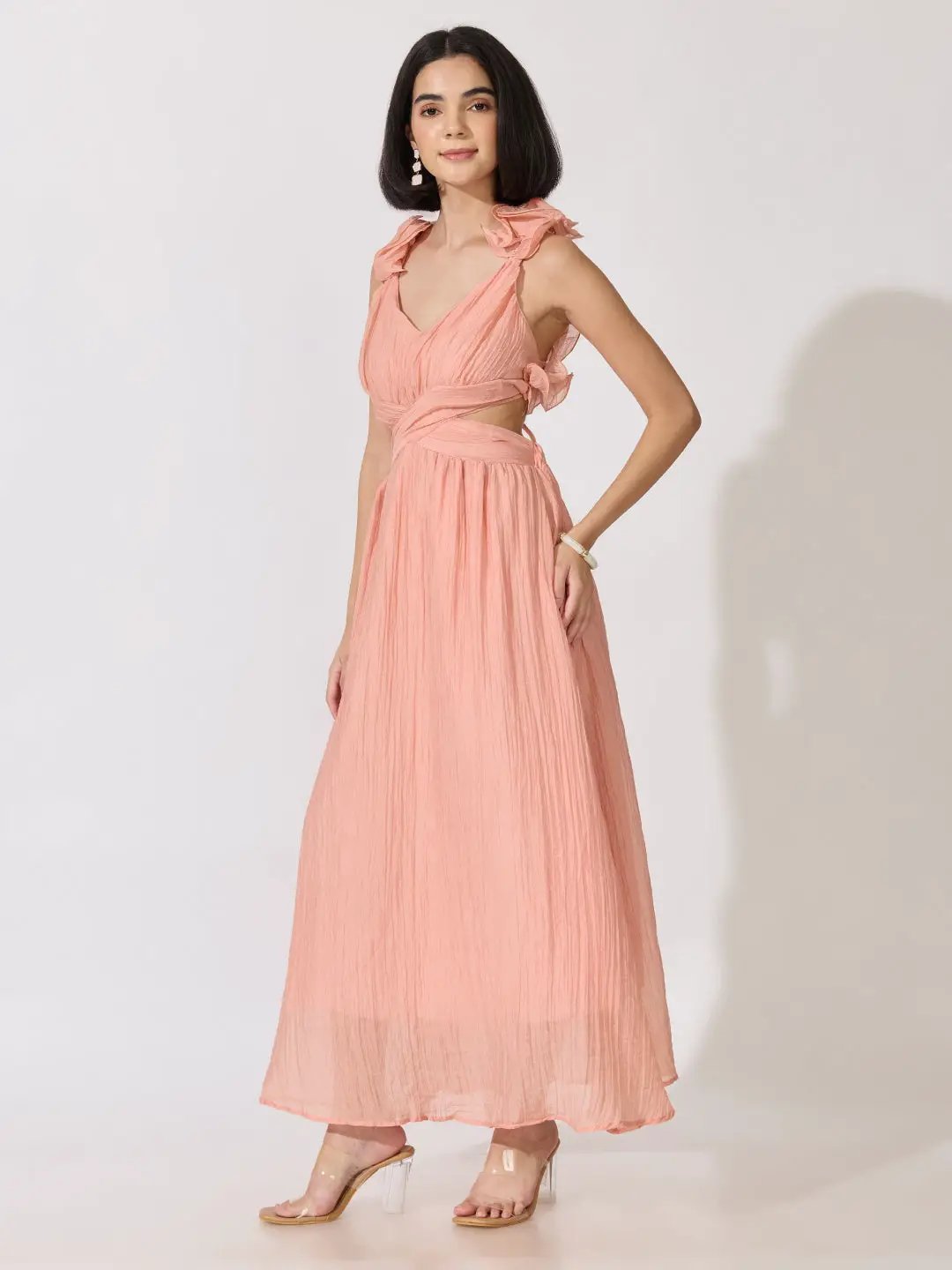 Women's Pink Cut-Out Waist Maxi Dress with Ruffled Backless Detail