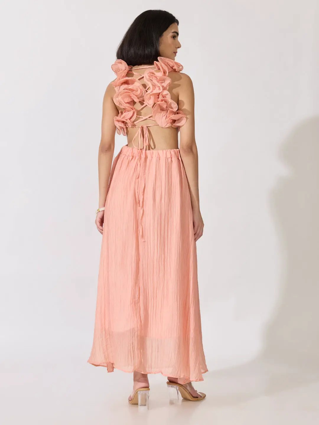 Women's Pink Cut-Out Waist Maxi Dress with Ruffled Backless Detail