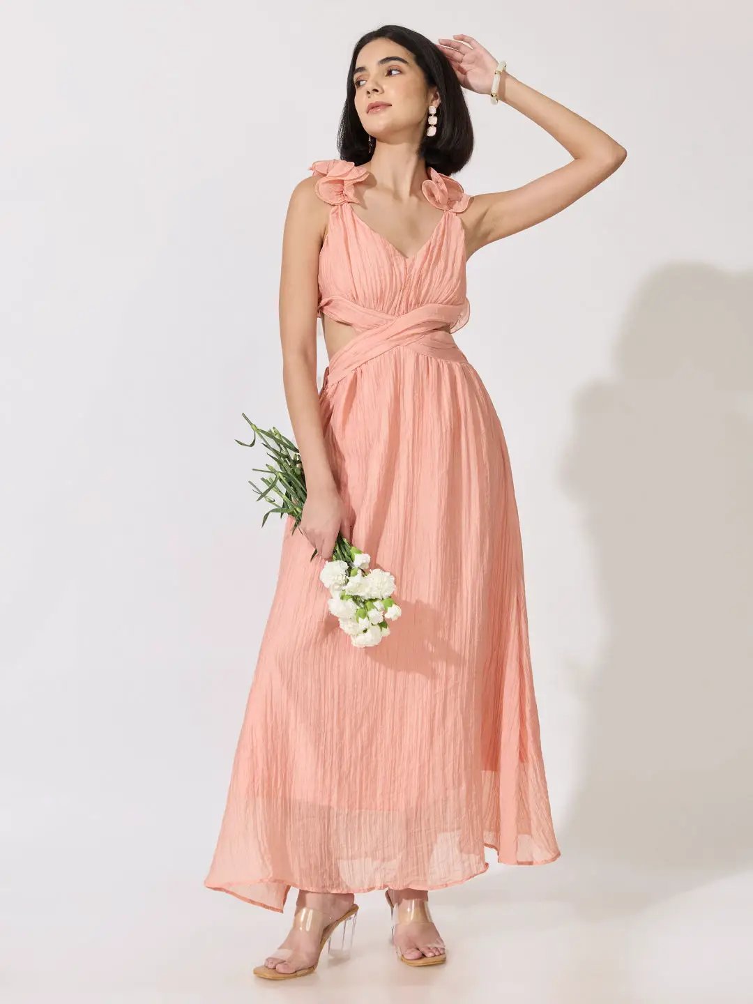 Women's Pink Cut-Out Waist Maxi Dress with Ruffled Backless Detail