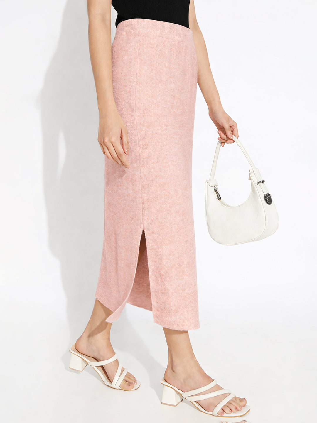 Women's Knit Pink Straight Midi Skirt