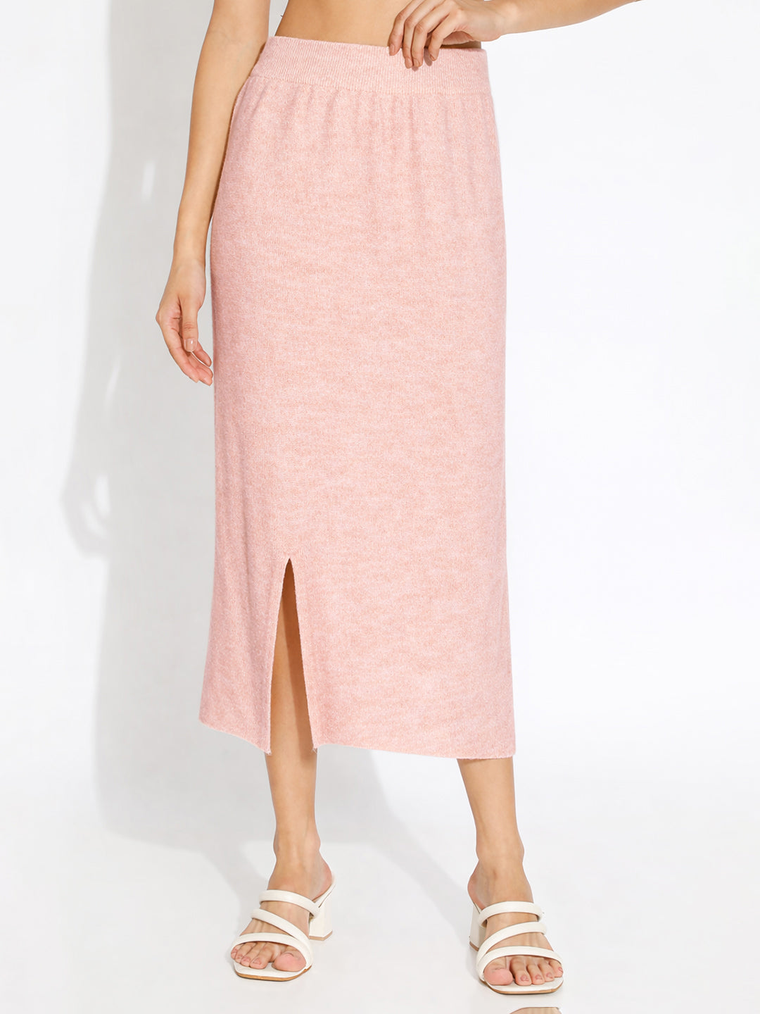 Women's Knit Pink Straight Midi Skirt