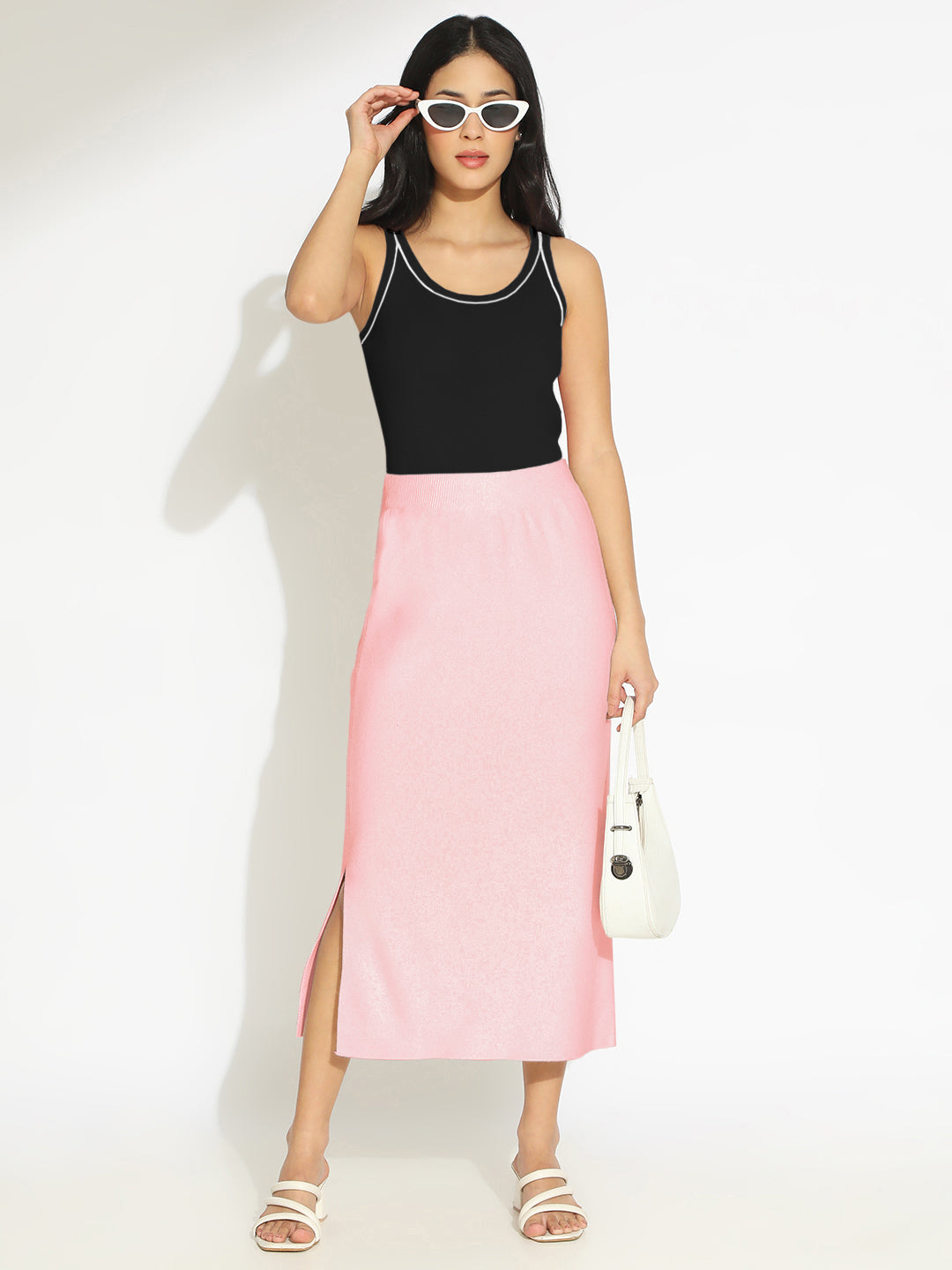 Women's Knit Pink Straight Midi Skirt