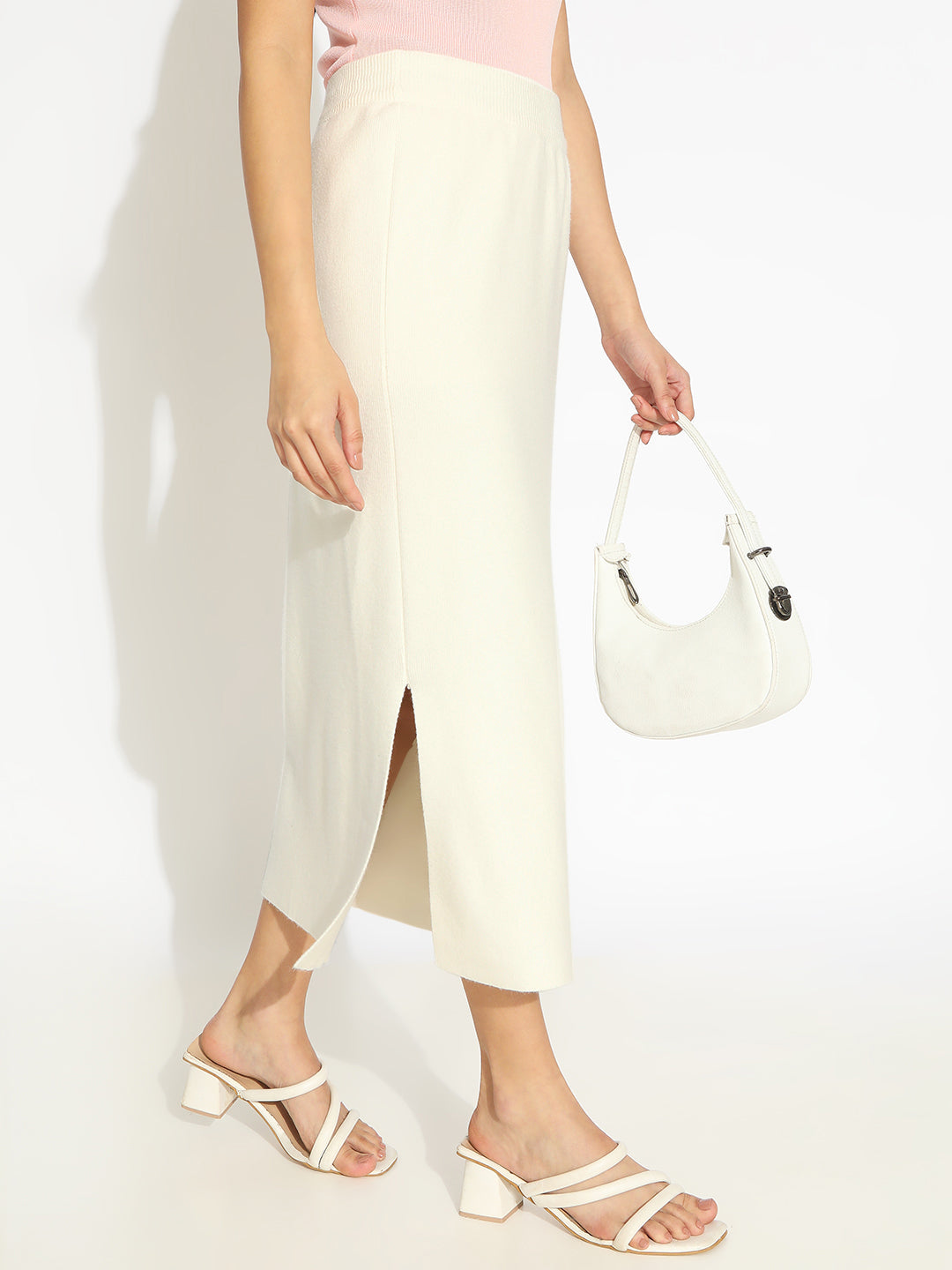 Women's Off White Straight Midi Skirt with Side Slit