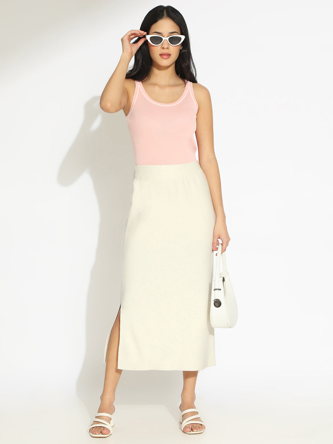 Women's Off White Straight Midi Skirt with Side Slit