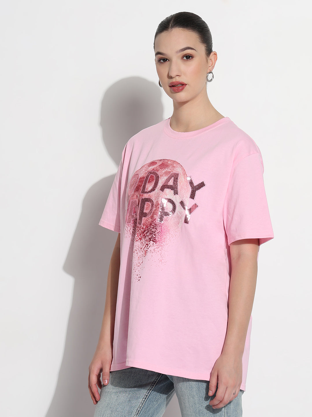 Women's Embellished Typography Pink Relaxed Fit T-Shirt