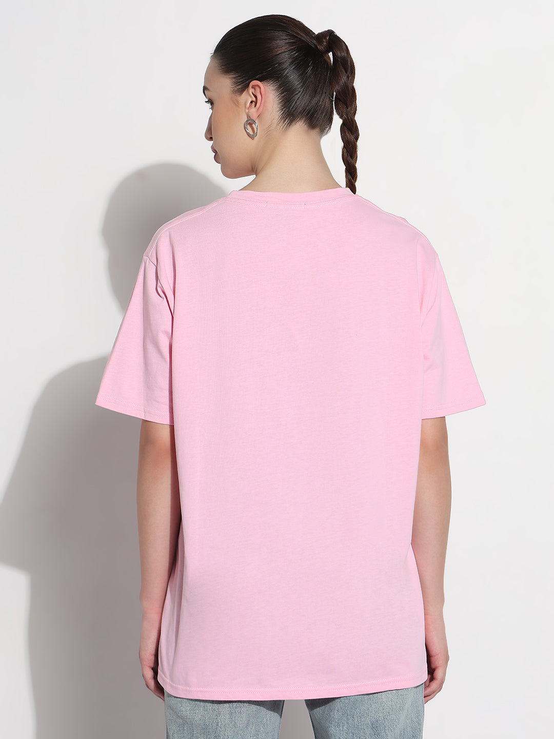 Women's Embellished Typography Pink Relaxed Fit T-Shirt