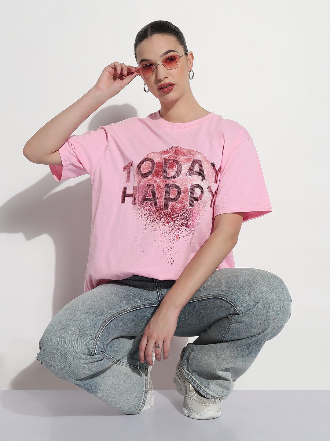 Women's Embellished Typography Pink Relaxed Fit T-Shirt