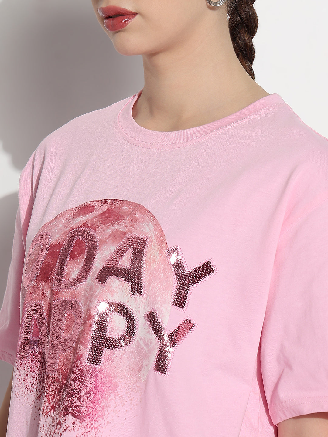 Women's Embellished Typography Pink Relaxed Fit T-Shirt