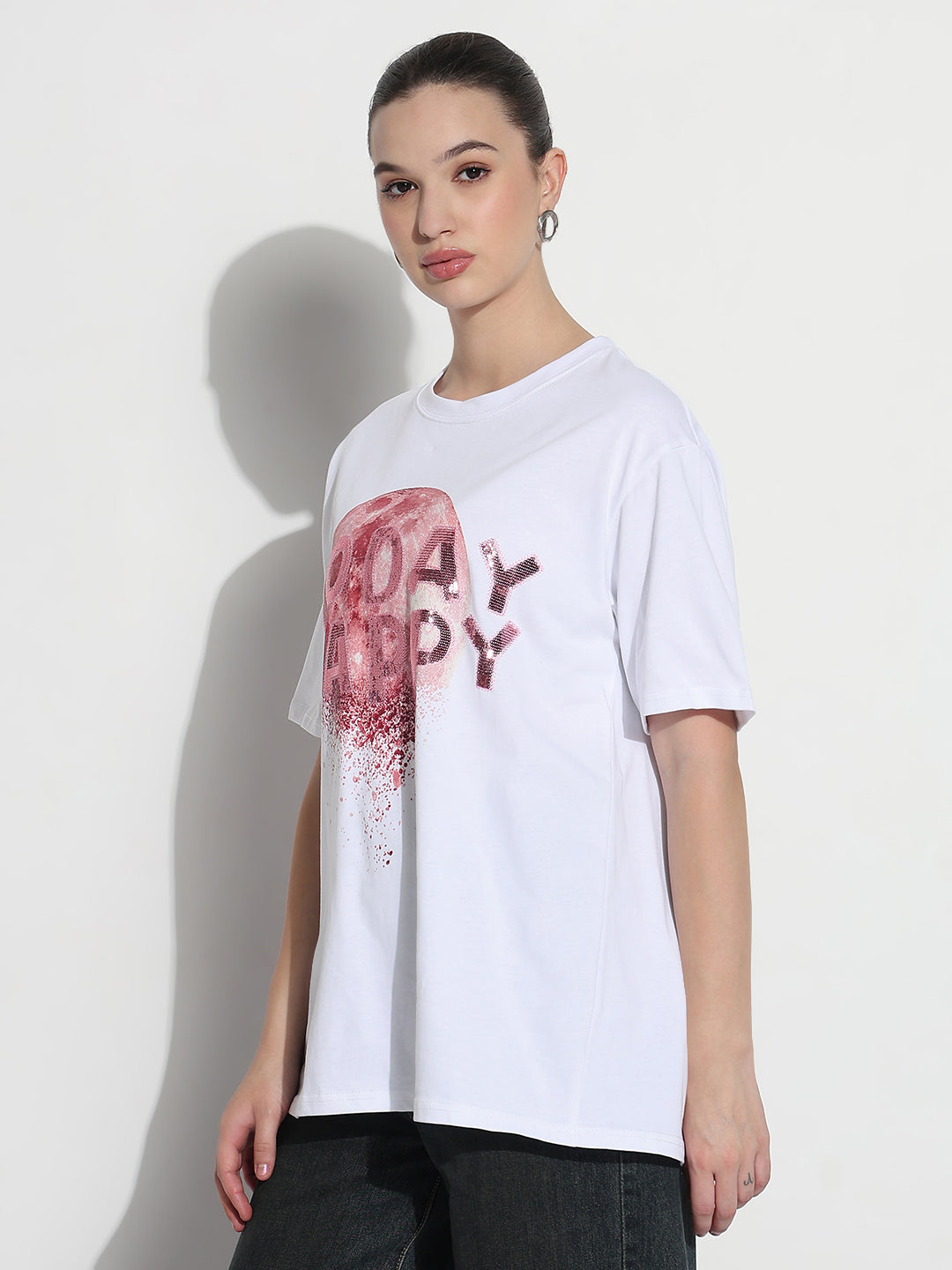 Women's Embellished Typography White Relaxed Fit T-Shirt