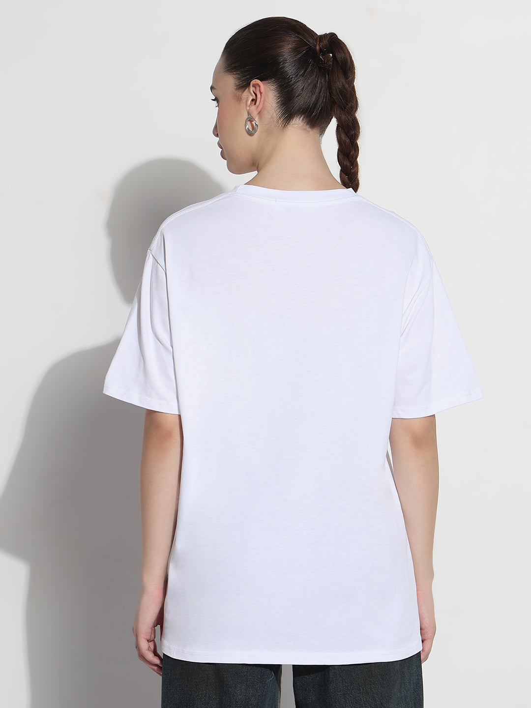 Women's Embellished Typography White Relaxed Fit T-Shirt