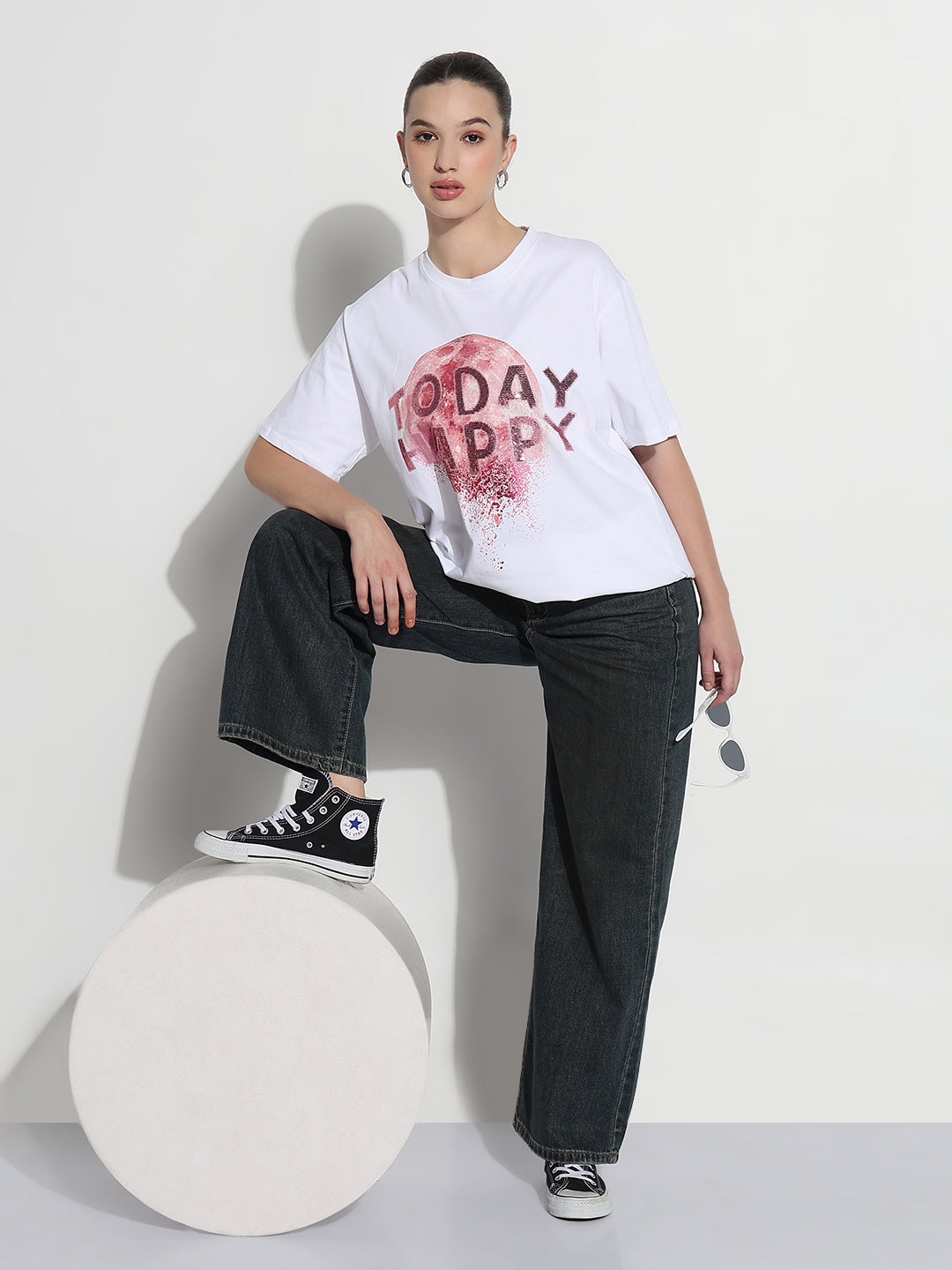 Women's Embellished Typography White Relaxed Fit T-Shirt