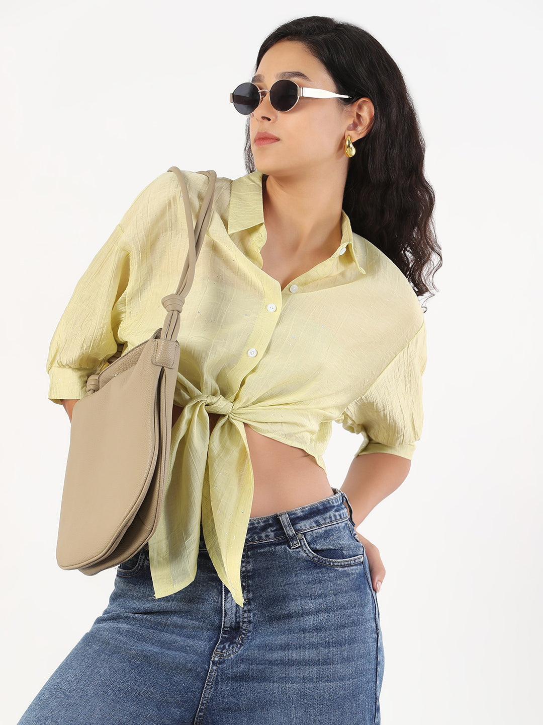 Women Green Solid Front Knot Crop Shirt