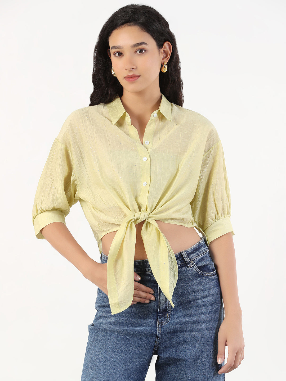 Women Green Solid Front Knot Crop Shirt