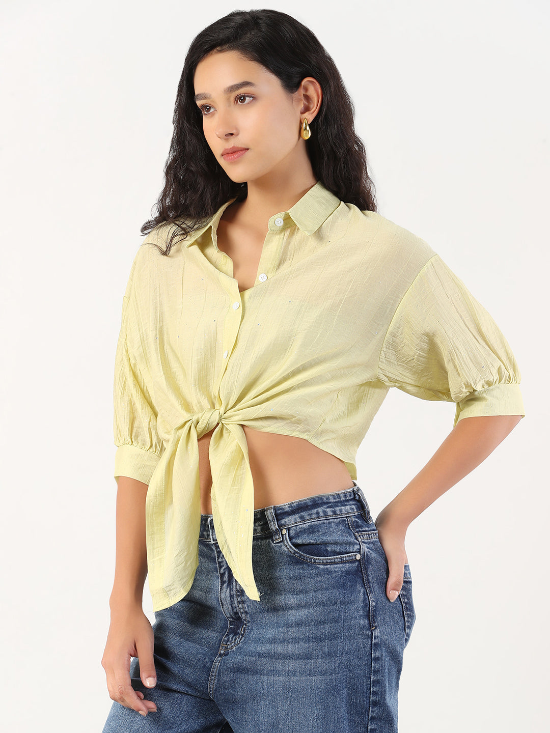 Women Green Solid Front Knot Crop Shirt