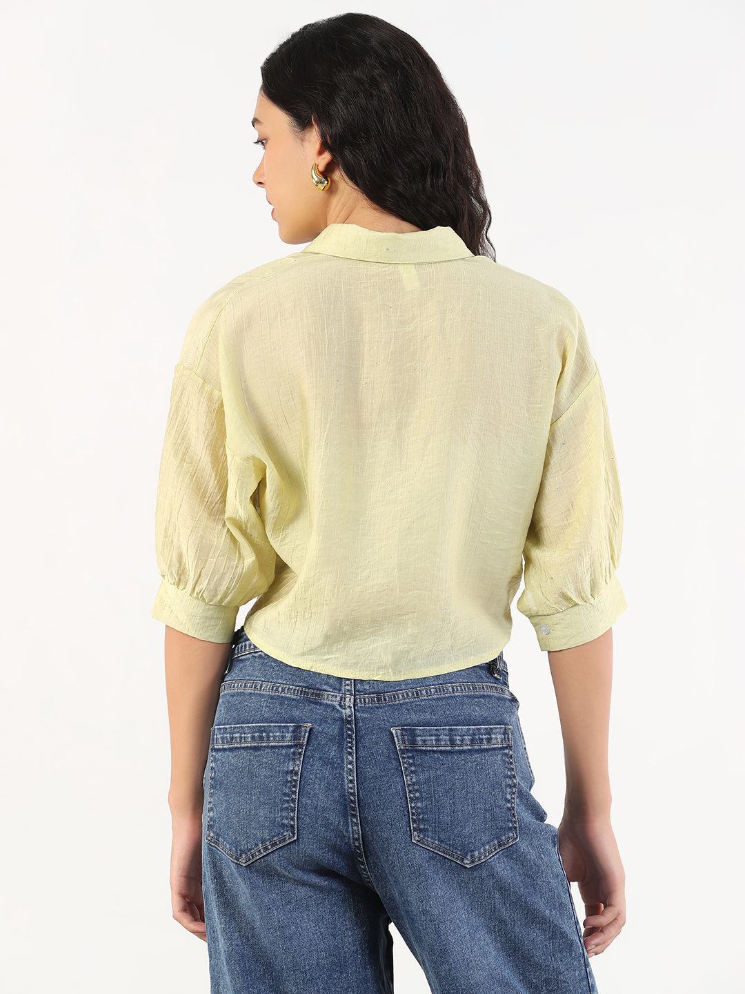 Women Green Solid Front Knot Crop Shirt