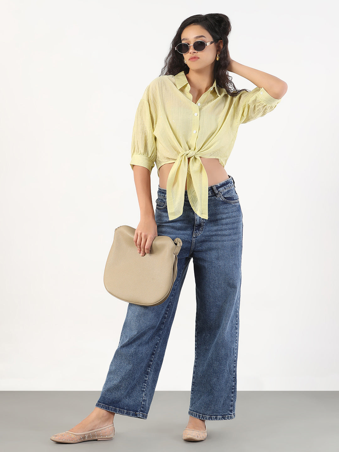 Women Green Solid Front Knot Crop Shirt