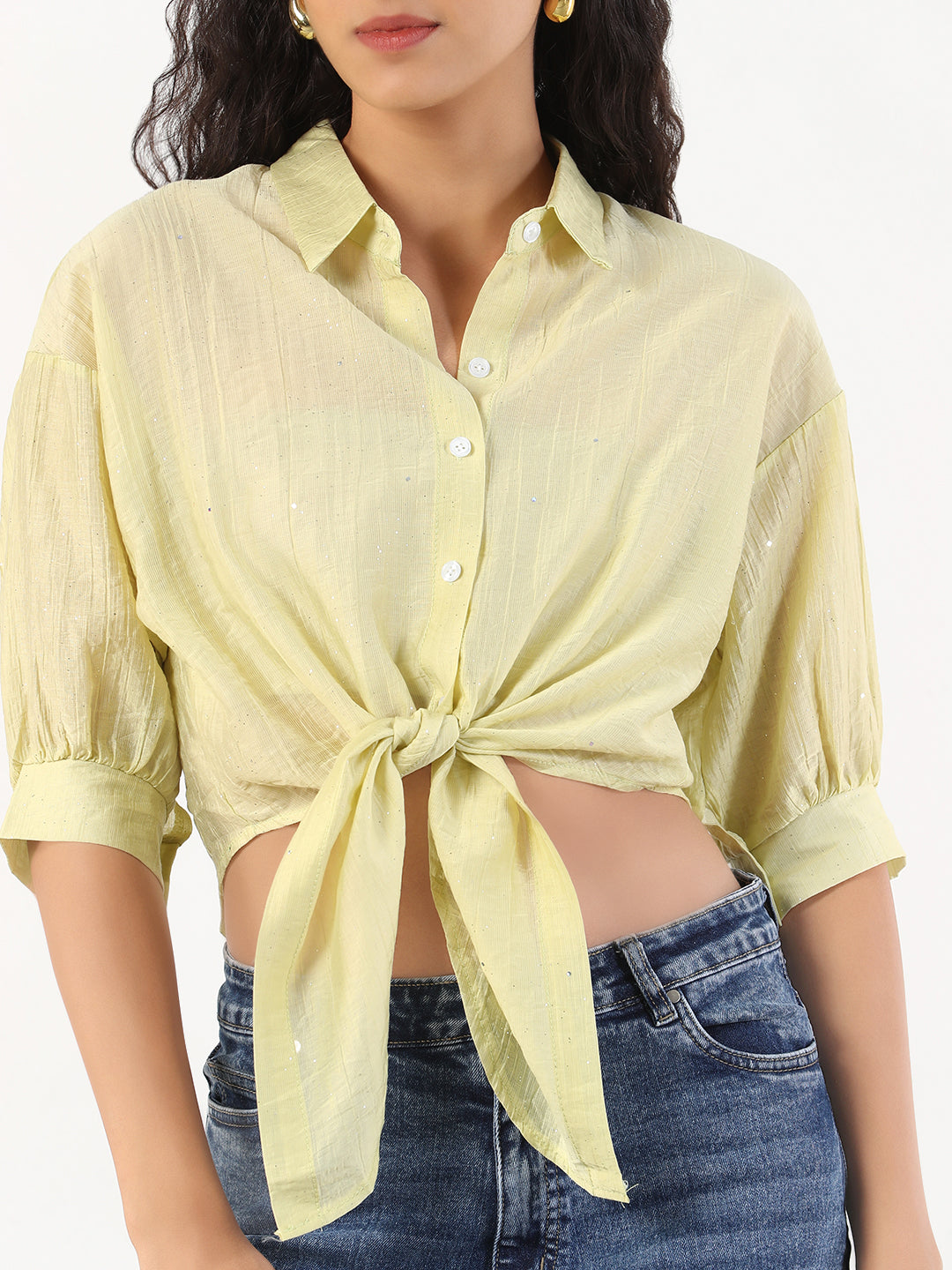 Women Green Solid Front Knot Crop Shirt