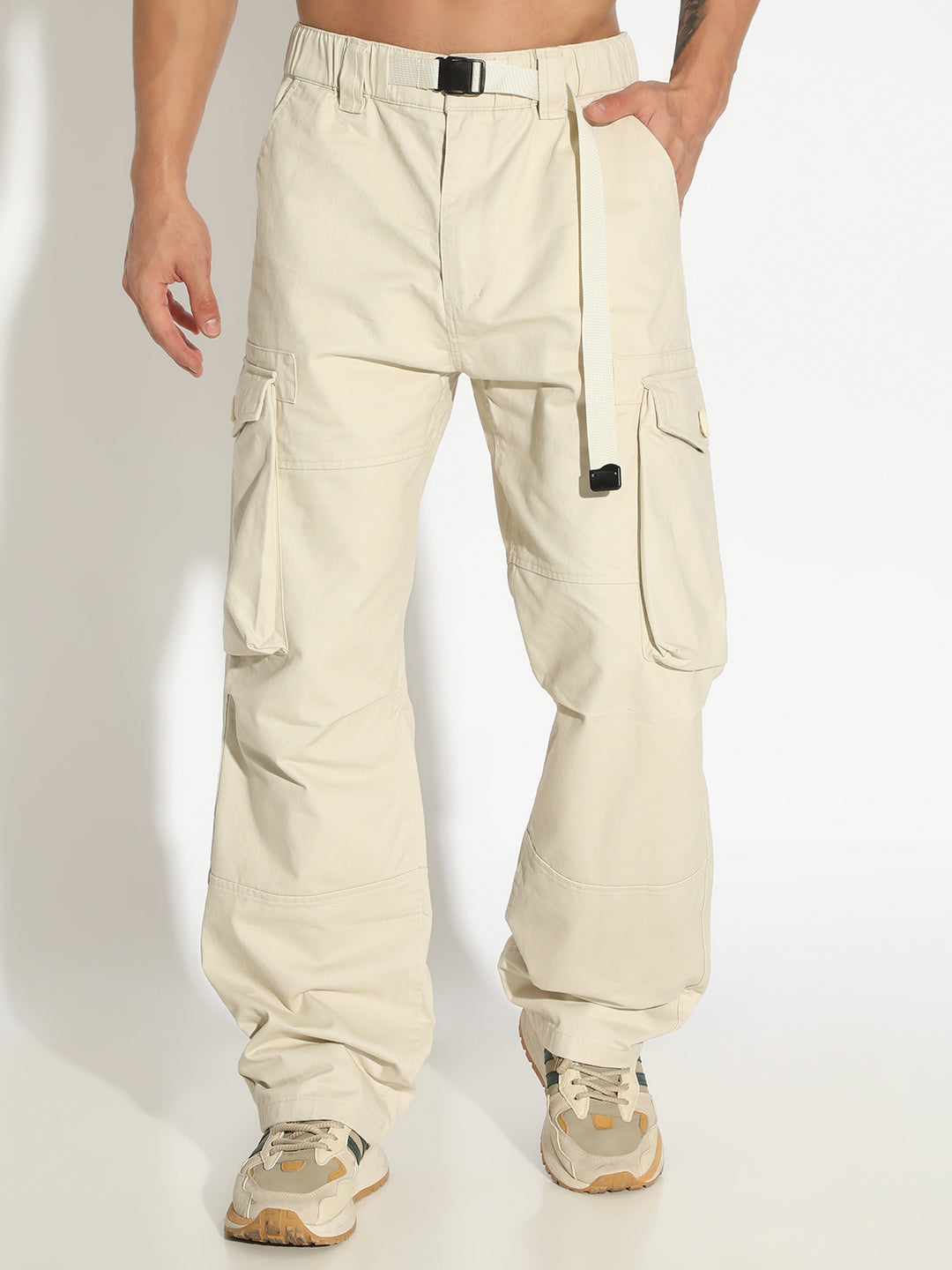 Men's Cream Loose Fit Cargo Trousers