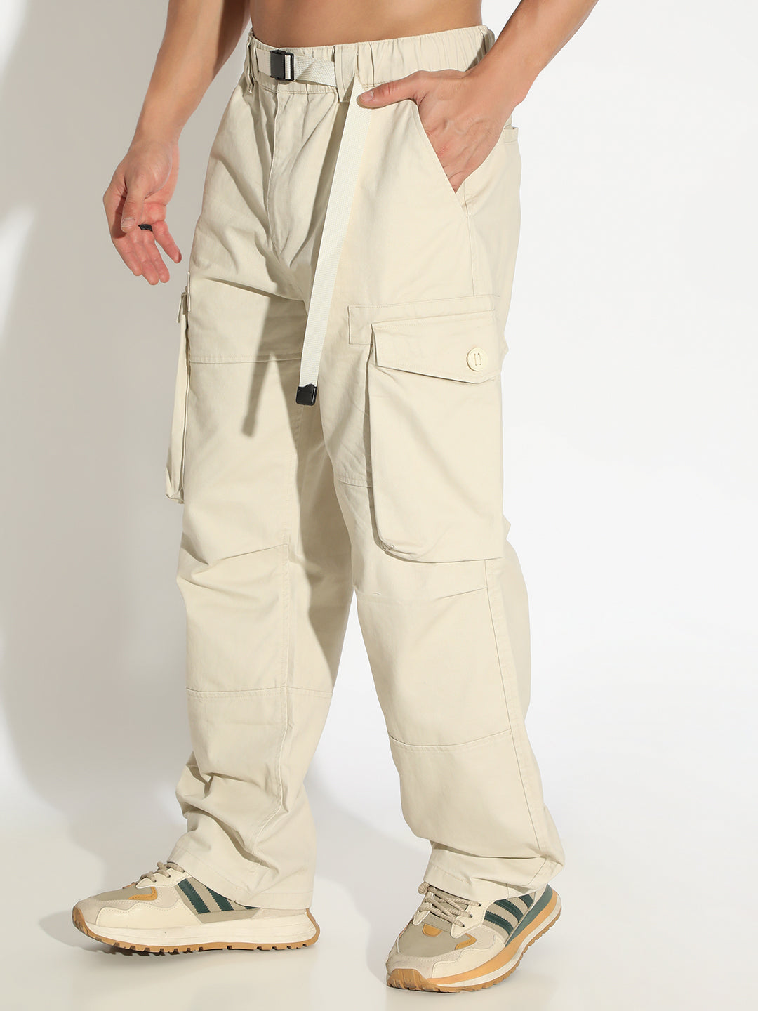 Men's Cream Loose Fit Cargo Trousers