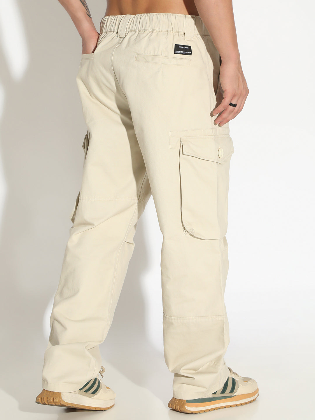 Men's Cream Loose Fit Cargo Trousers