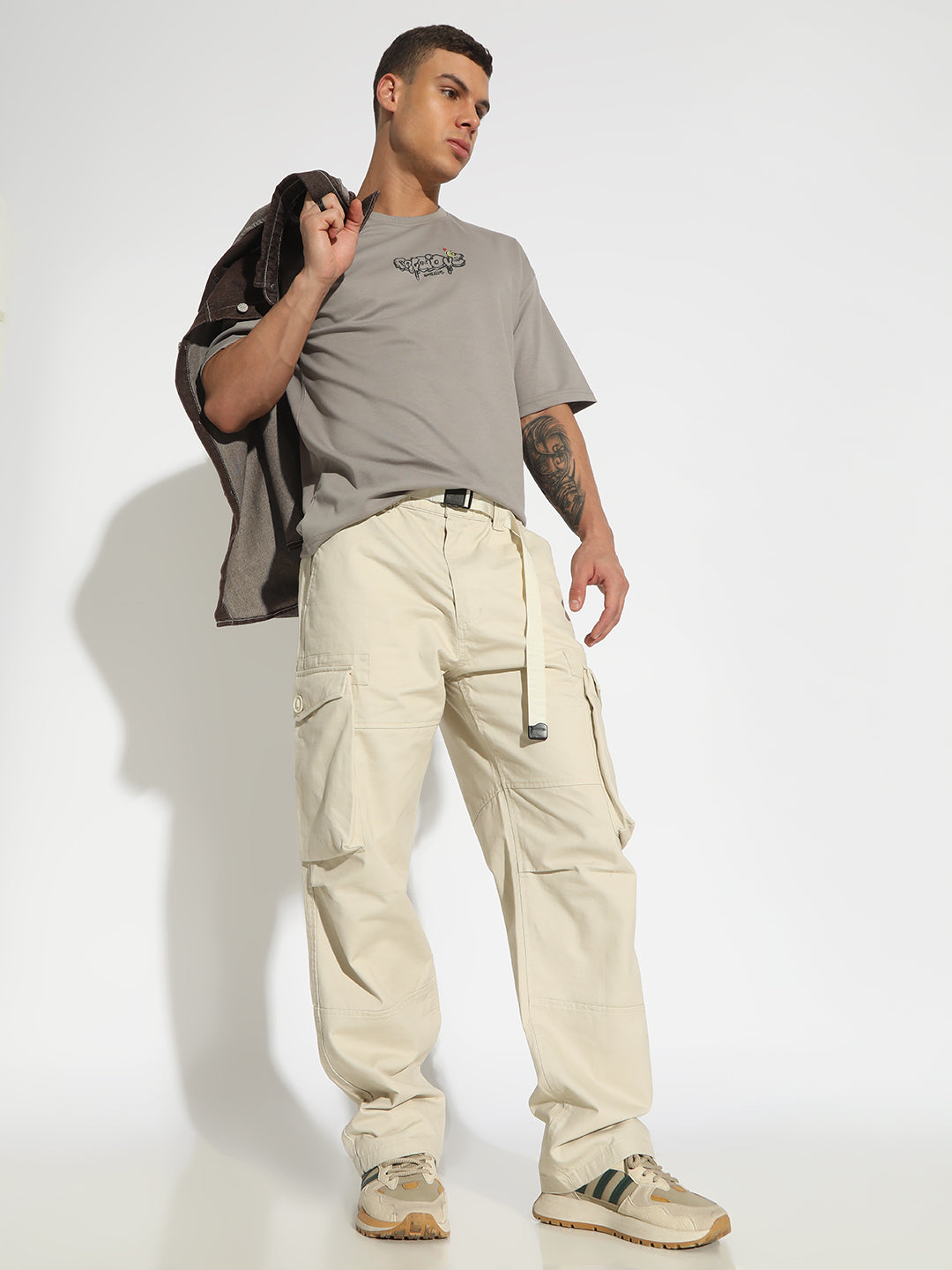 Men's Cream Loose Fit Cargo Trousers