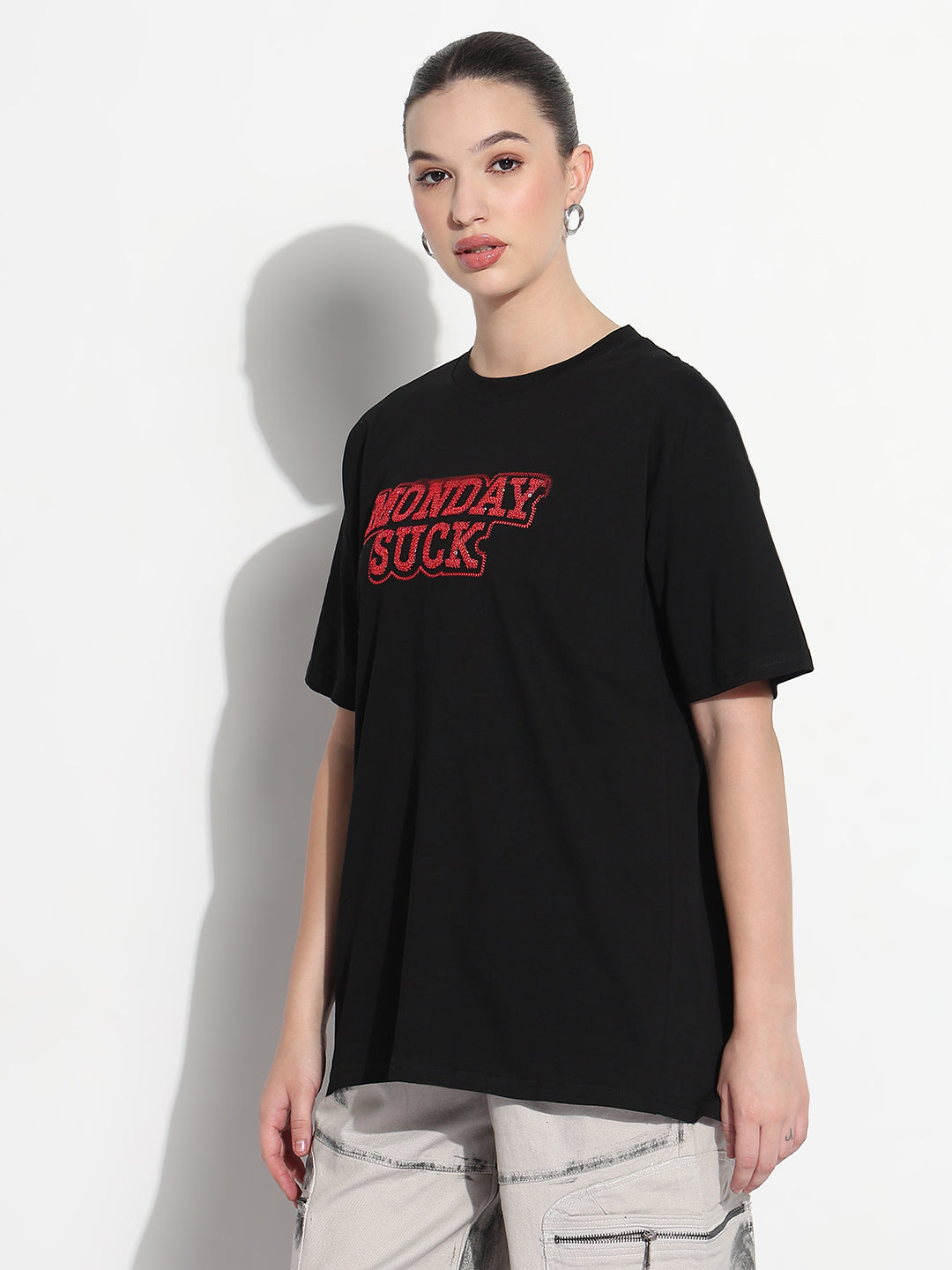 Women's Embellished Typography Black Relaxed Fit T-Shirt