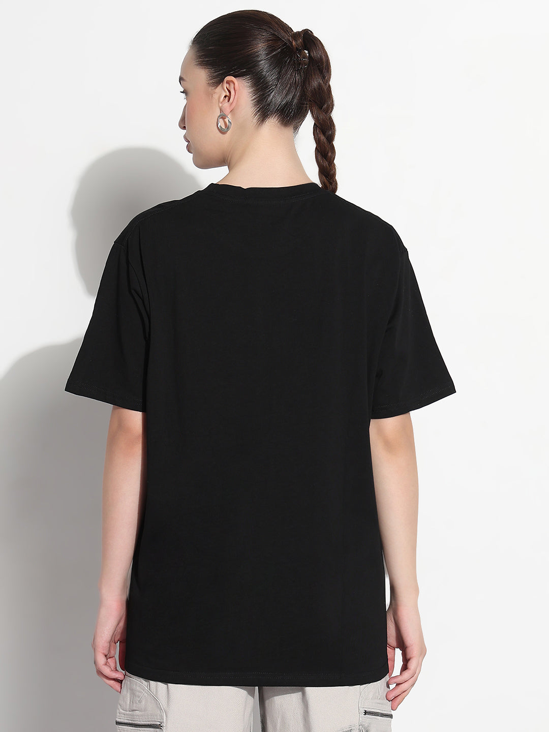 Women's Embellished Typography Black Relaxed Fit T-Shirt