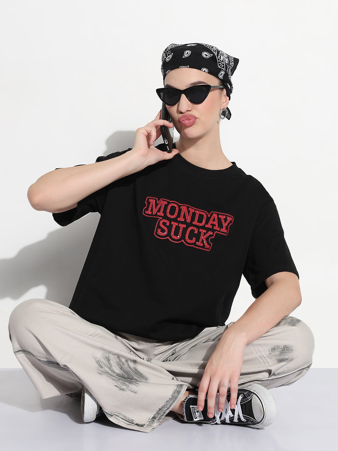 Women's Embellished Typography Black Relaxed Fit T-Shirt