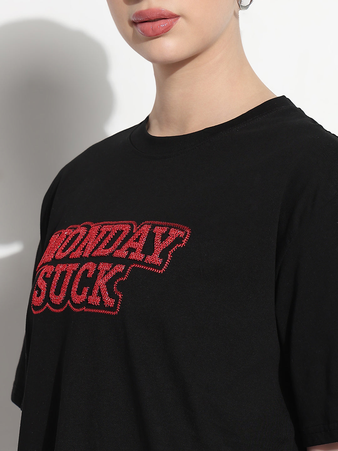 Women's Embellished Typography Black Relaxed Fit T-Shirt