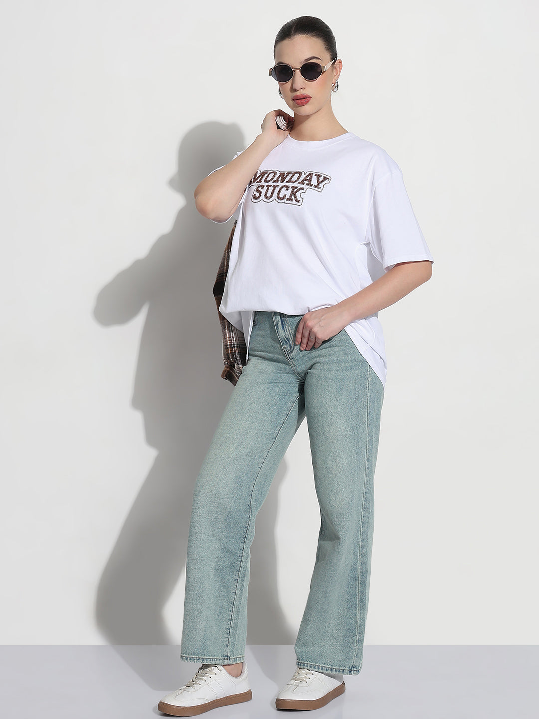 Women's Embellished Typography White Relaxed Fit T-Shirt