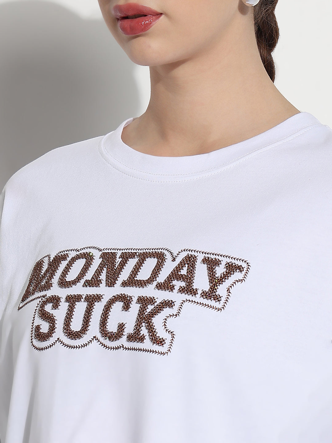 Women's Embellished Typography White Relaxed Fit T-Shirt