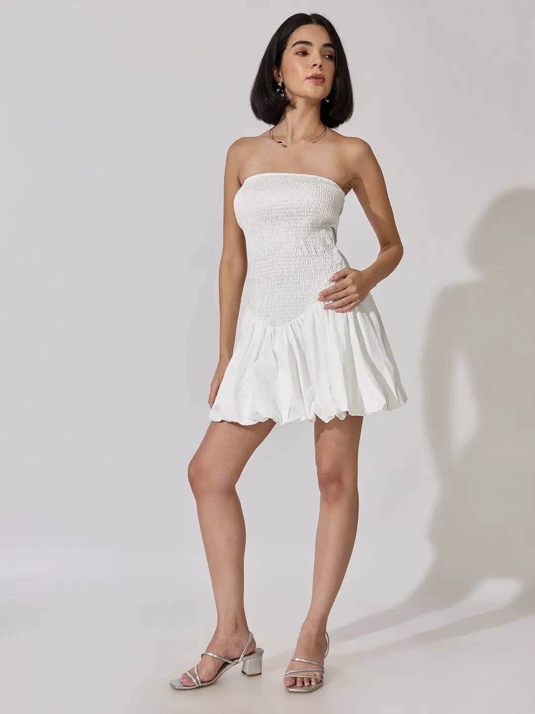 Women's White Smocked Strapless Fit and Flare Mini Dress