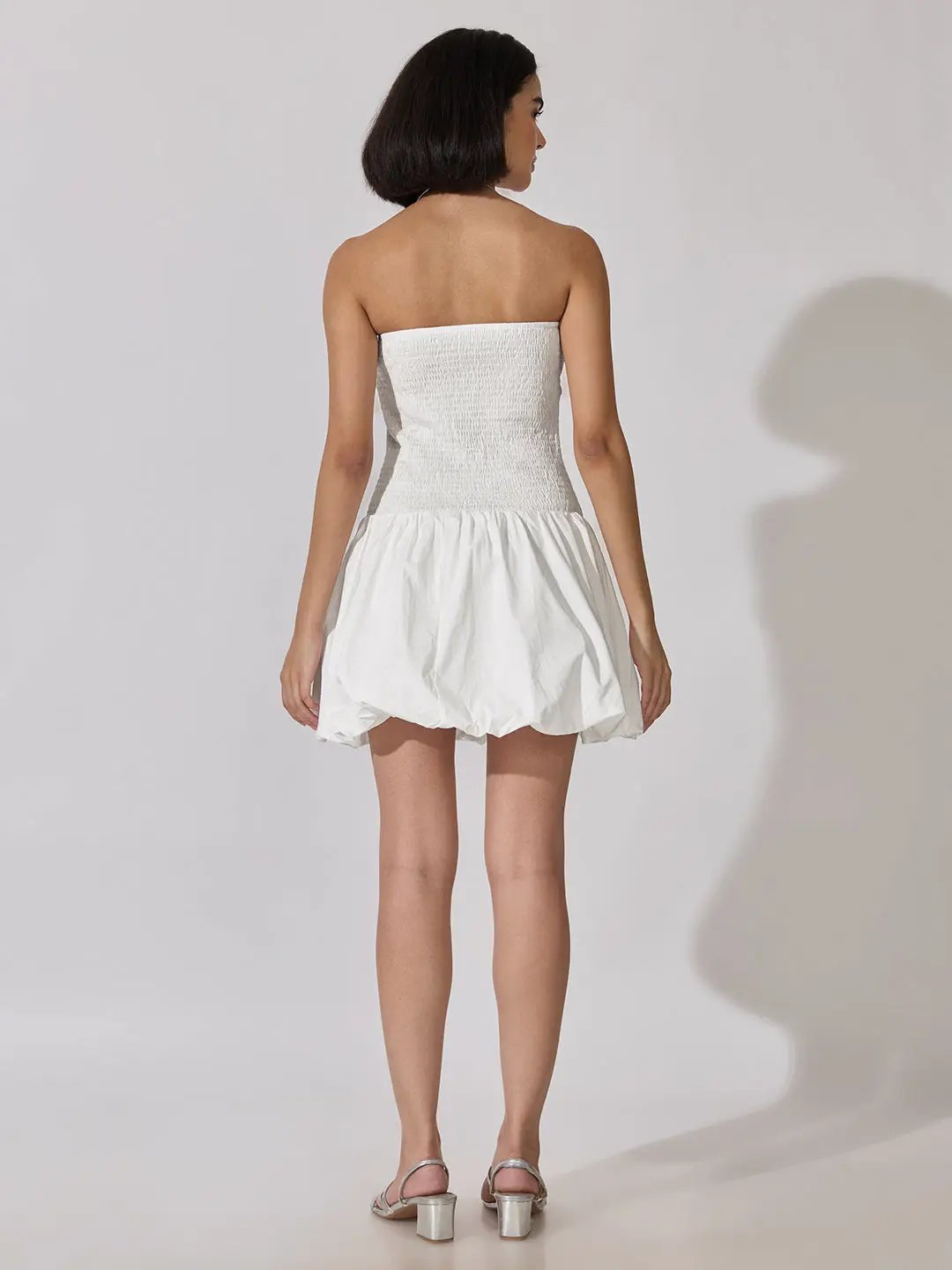 Women's White Smocked Strapless Fit and Flare Mini Dress