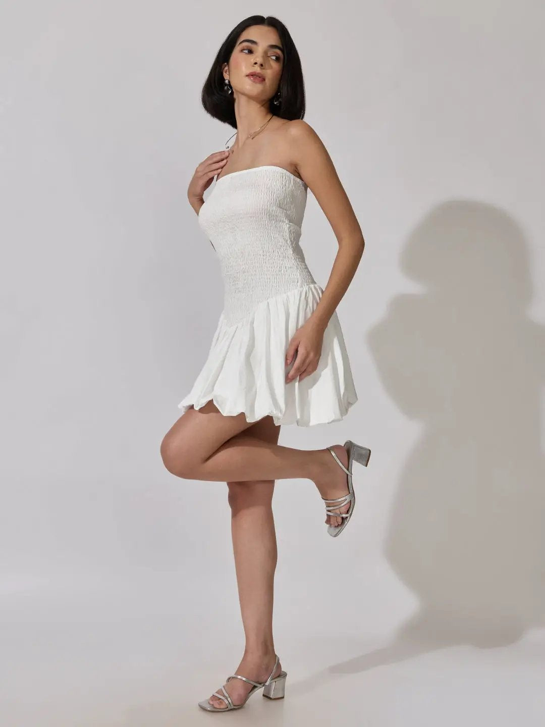 Women's White Smocked Strapless Fit and Flare Mini Dress