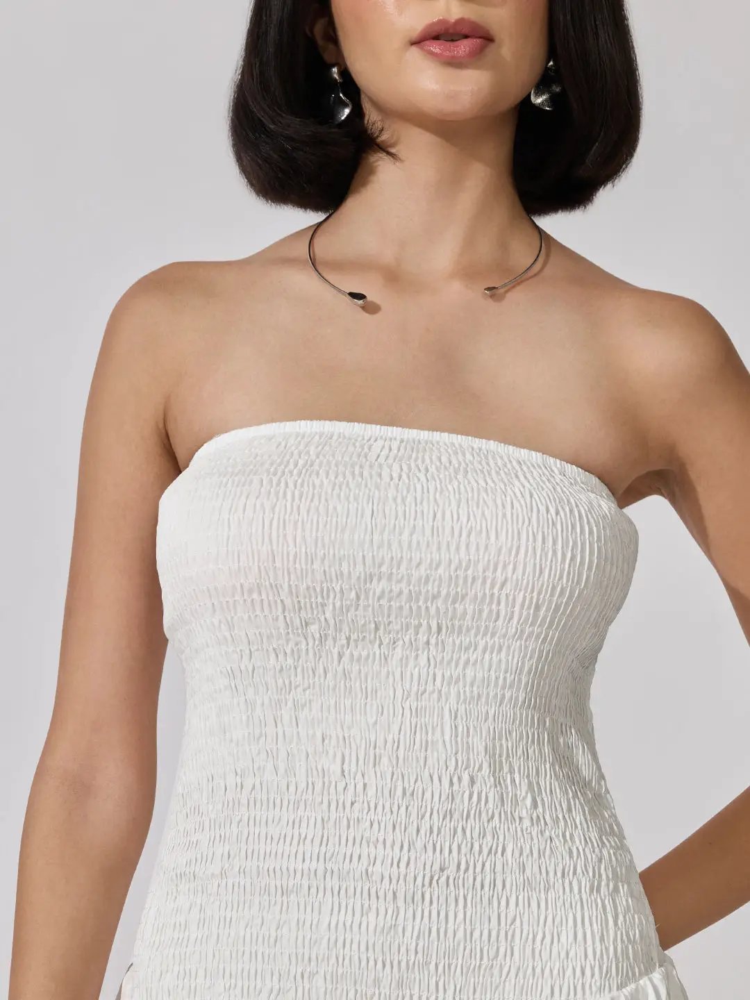 Women's White Smocked Strapless Fit and Flare Mini Dress