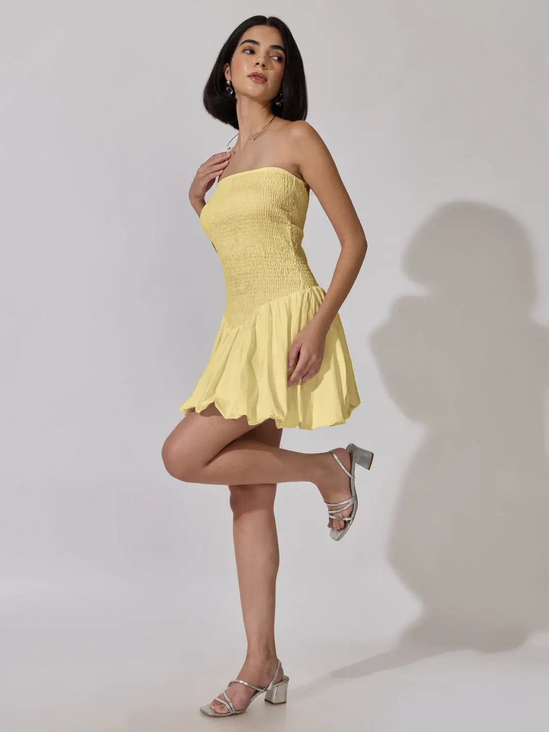 Women's Yellow Smocked Strapless Fit-and-Flare Mini Dress - from SHOWOFFFF