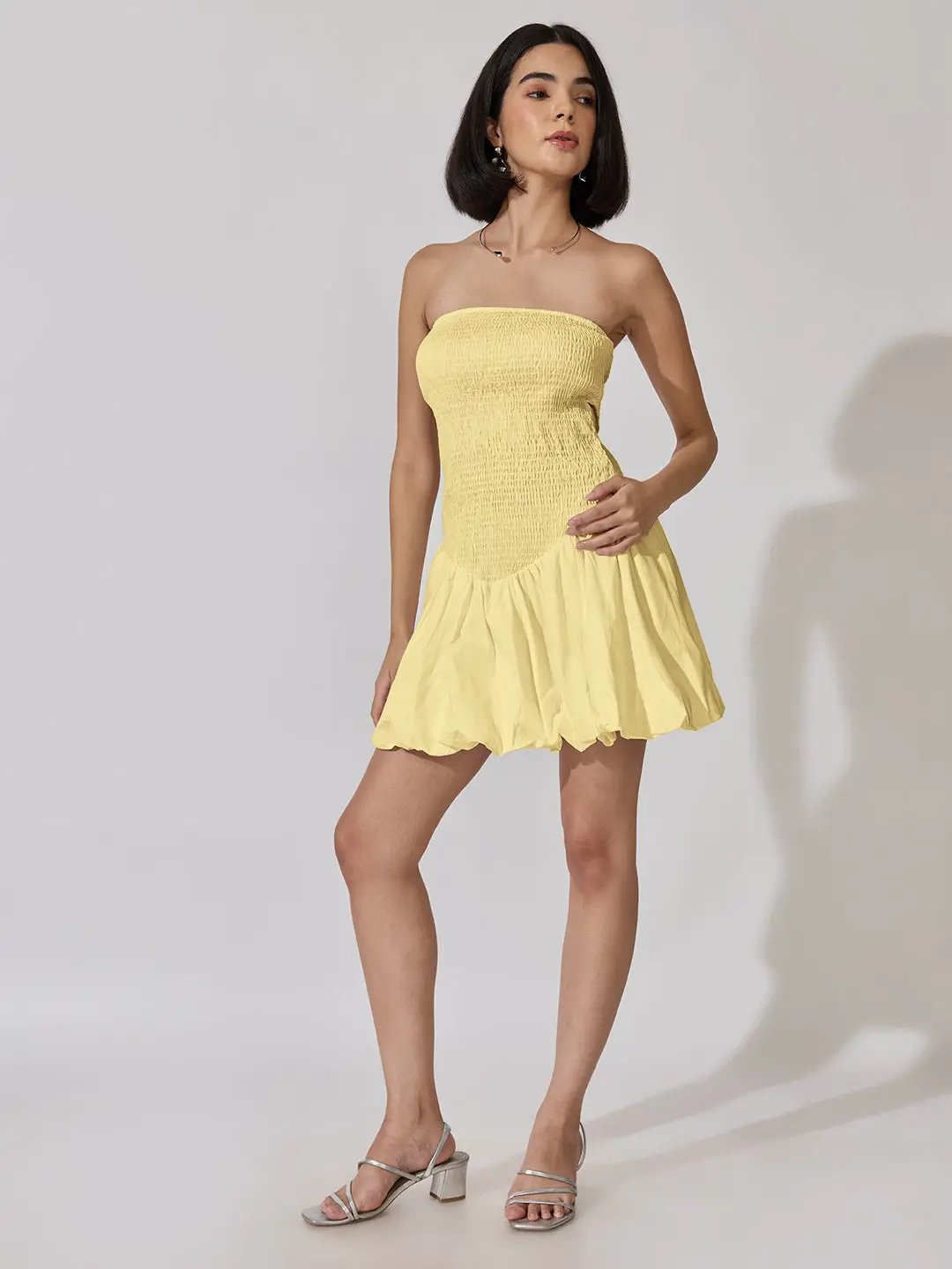 Women's Yellow Smocked Strapless Fit-and-Flare Mini Dress - from SHOWOFFFF