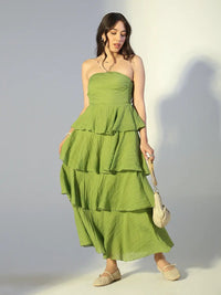 Women's Green Layered Ruffle Strapless Maxi Dress