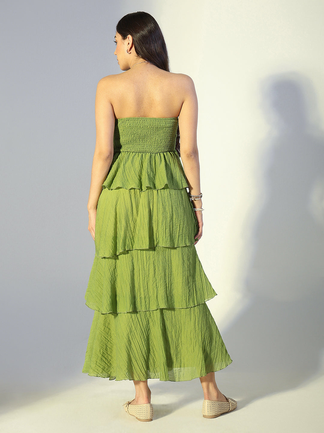 Women's Green Layered Ruffle Strapless Maxi Dress