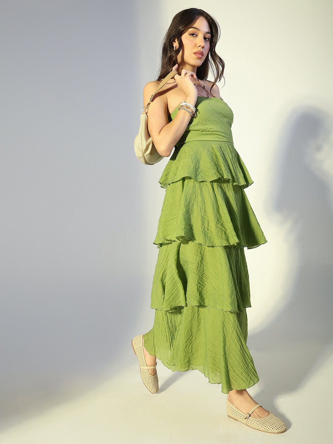 Women's Green Layered Ruffle Strapless Maxi Dress